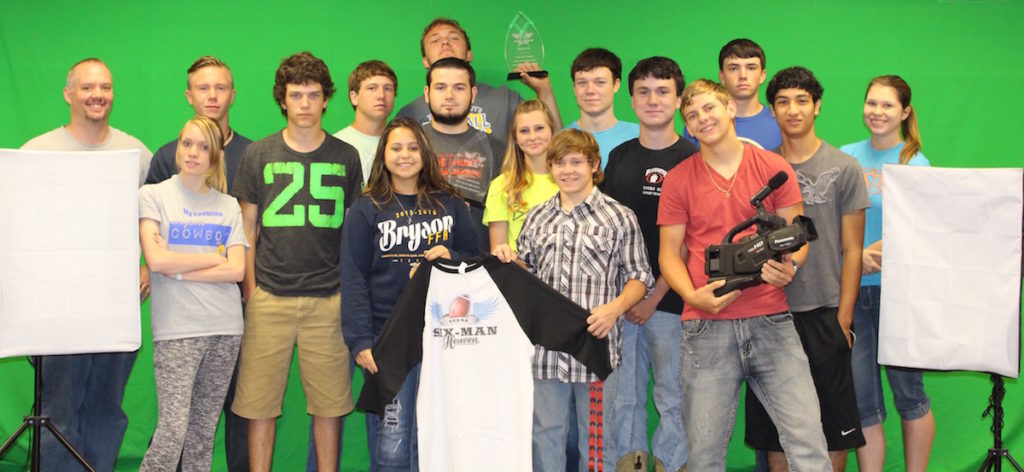 2015 Film Contest - Grand Prize: Bryson Top Row; (left to right) Mr. Stearns, Codie Mcbride, Brayden Houser, Jake Smith, Jake Jonas, Jacob Smith, Katie Sheerin Middle Row; (left to right) Angel Sylva, Josh Jonas, Tim Henderson, Makayla Foyt, Sam Bauchman, Jose Ramos. Bottom Row; (left to right) Britney Sabarzo, Tyler Tanner, Trey Foyt.